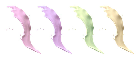 Paint splashes set. Pastel colors splashes isolated on white. 3d render.