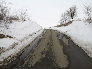 Road in the countryside in winter in Russia among the snowcovered landscape