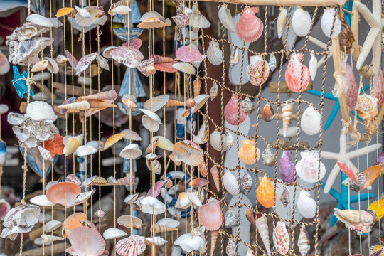 A curtain made from sea shells collected on a beach holiday image for background use with copy space in landscape format