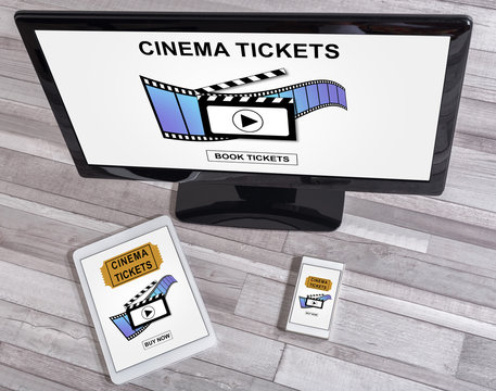 Online cinema tickets booking concept on different devices