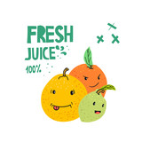 Orange juice flat hand drawn vector illustration, stylized lettering