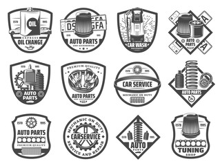 Spare parts, car repair service monochrome icons