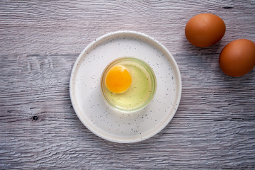 Top view of eggs and yolk on a plate