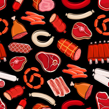 Butchery food seamless pattern, meat and sausages