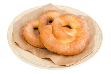 Delicious sweet pastries homemade pretzel with sugar.