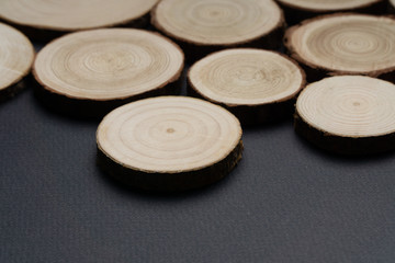 Pine tree cross-sections with annual rings on plane black surface. Lumber piece close-up shot.