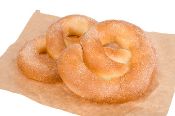 Delicious sweet pastries homemade pretzel with sugar.
