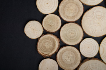 Pine tree cross-sections with annual rings on black background. Lumber piece close-up shot, top view.