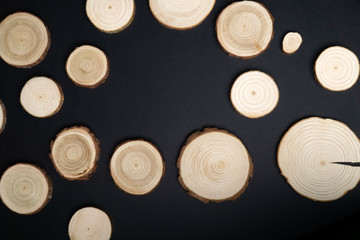 Pine tree cross-sections with annual rings on black background. Lumber piece close-up shot, top view.