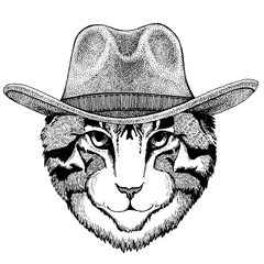 Image of domestic cat wearing cowboy hat. Wild west animal. Hand drawn image for tattoo, emblem, badge, logo, patch, t-shirt