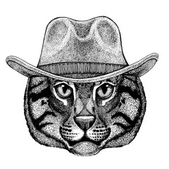 Wild cat Fishing cat wearing cowboy hat. Wild west animal. Hand drawn image for tattoo, emblem, badge, logo, patch, t-shirt