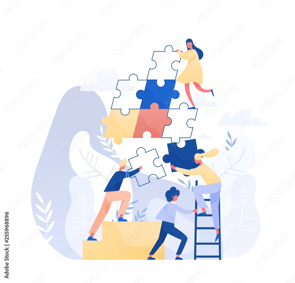 Poster group of tiny office workers or employees assembling together giant jigsaw puzzle pieces. concept of