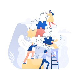 Group of tiny office workers or employees assembling together giant jigsaw puzzle pieces. Concept of teamwork, business cooperation, collective project work. Modern flat colorful vector illustration.