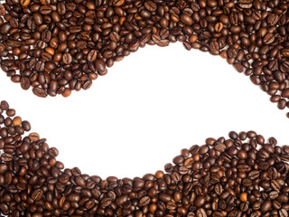 Coffee beans arranged in curve lines shape at the top and bottom of the page isolated on white. Copy space between coffee lines, top view