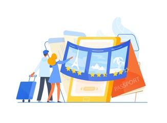 Man and woman tourists standing in front of giant smartphone and choosing trip or journey destination for their vacation, places to visit. Travel or touristic service. Flat vector illustration.