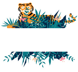Summer frame with tropical jungle leaves, flowers and tiger.Vector illustration.