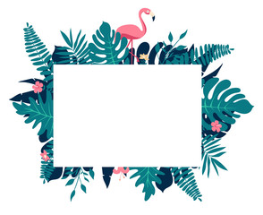 Tropical paradise composition. Rectangular border frame with text placeholder. Decorated with palm leaves, pink hypsophila flowers and flamingo birds couple © 2dvill