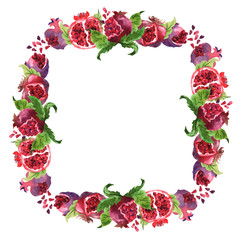 Watercolor frame with juicy and red pomegranates on white background