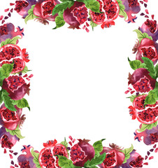 Watercolor frame with juicy and red pomegranates on white background