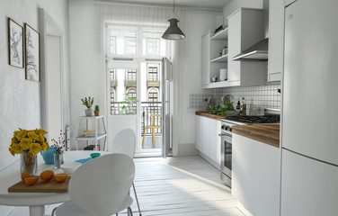 Fototapeta na wymiar Helle Küche mit Holzdielen, kleinem Tisch und Balkon