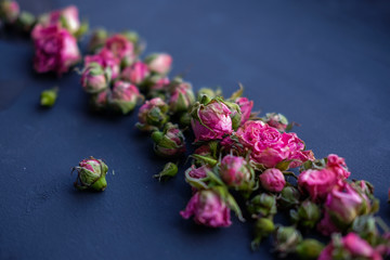 flat lay of dried pink rose buds isolated on black textured surface/ floral wallpaper background