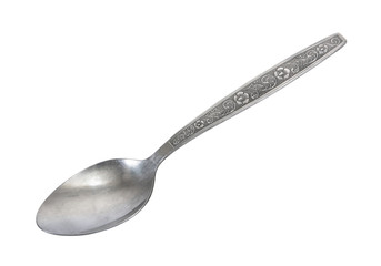 Stainless spoon isolated on white background. Stainless steel spoon with flowers and leaves pattern handle isolated