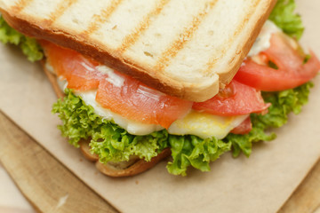 Closeup juicy sandwich with bacon, fresh vegetables, green salad and dark lines after grill