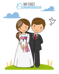 First communion card. Boy and girl dressed in communion