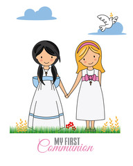 First communion card. Two girls dressed in communion