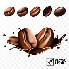 Various coffee beans with the ability to substitute in the coffee splash, 3D realistic isolated vector, editable handmade mesh
