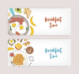 Bundle of horizontal web banner templates with delicious wholesome breakfast meals and morning food - fried eggs, toasts, wafers, fruits. Hand drawn vector illustration for cafe or restaurant promo.