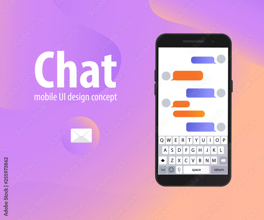 Poster chatbot interface banner concept. man chatting with chat bot on smartphone. clean mobile ui design c