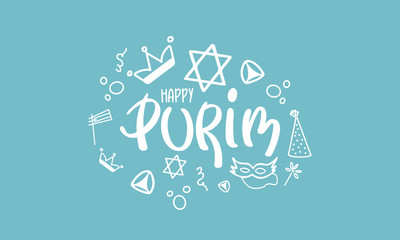Happy Purim. Traditional Jewish religious holiday. Сelebrated by a masquerade and festival. A set of elements: the Star of David, masks, toys, cookies and other decor. Vector hand painted illustration