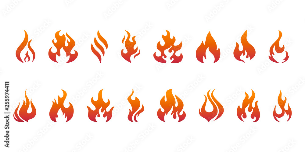 Poster SET Red and orange Fire flames for graphic and web design. Trendy symbol for website design web button or mobile app