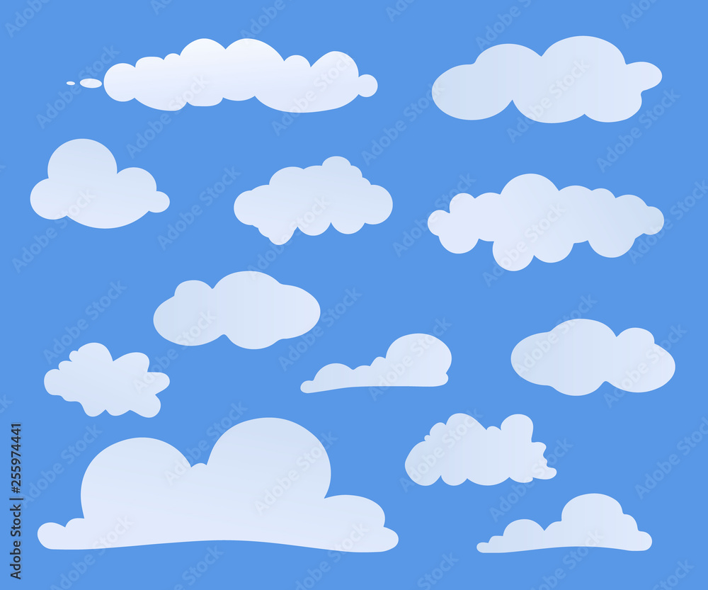 Poster white clouds of different shapes isolated on blue background. set of cloud icons symbol for your web