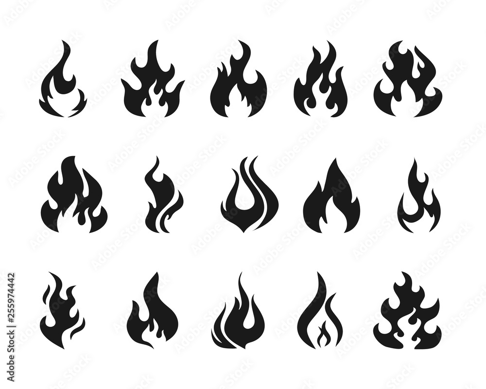 Poster Set Flames of different shapes. Collection of hot flaming element. Danger concept or logo design