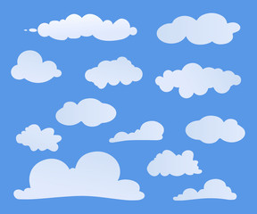 White clouds of different shapes isolated on blue background. Set of cloud icons symbol for your web site design, logo, app, UI. Vector illustration