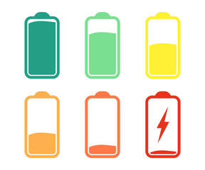 Battery Indicator Icons, Discharged and fully charged battery. Set of battery charge level indicators
