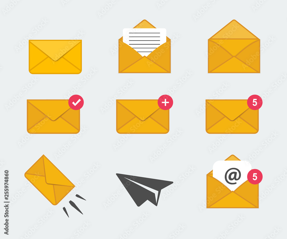 Poster collection of mail and message icons in flat design style. set of envelopes icons. letter envelope i