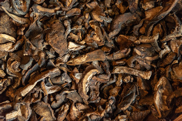 Top view of dried mushroom slices food background texture