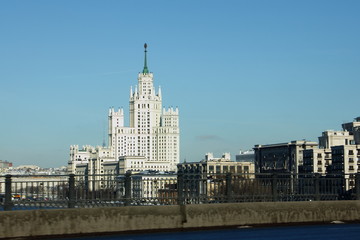 Fototapeta na wymiar Moscow view from car on the Garden ring road to Stalin skyscraper on Kotelnicheskaya embankment