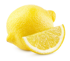 Ripe whole yellow lemon citrus fruit with lemon slice isolated on white background with clipping...