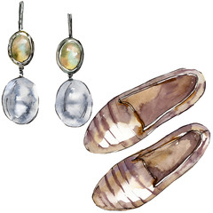 Loafers and earrings sketch glamour illustration in a watercolor style isolated element. Watercolour background set.