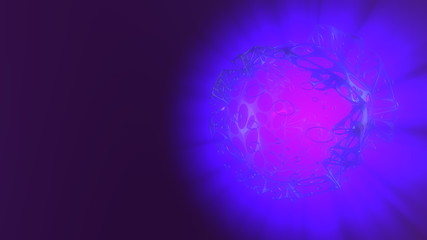 Abstract 3d rendering concept of high poly sphere with chaotic mesh grid cellular mulecular structure. Sci-fi background with polygonal shape in empty space with light god rays. Futuristic design bio