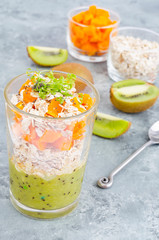 Superfood. Oatmeal, yogurt, pumpkin, kiwi, chia seeds, sprouts