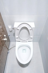 clean and clear white flush toilet, beautiful lavatory and restroom