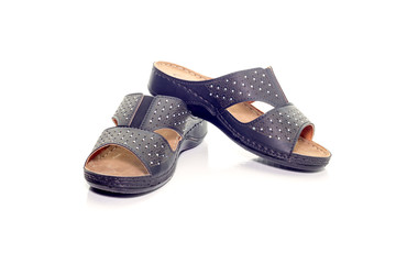 Black, summer shoes from leatherette with stones