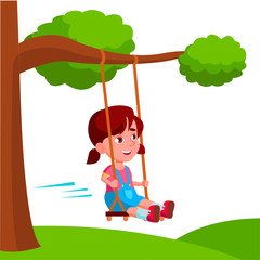 Girl Swinging On A Swing Tied To Tree Branch Vector Flat Cartoon Illustration