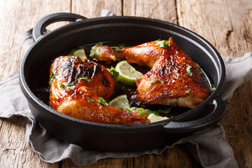 fried chicken leg with tamarind sauce and lemon close-up in a frying pan. horizontal