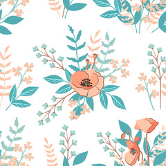 Seamless pattern with sketch colorful poppy and other wild flowers, floral decor black and white. Illustration.
